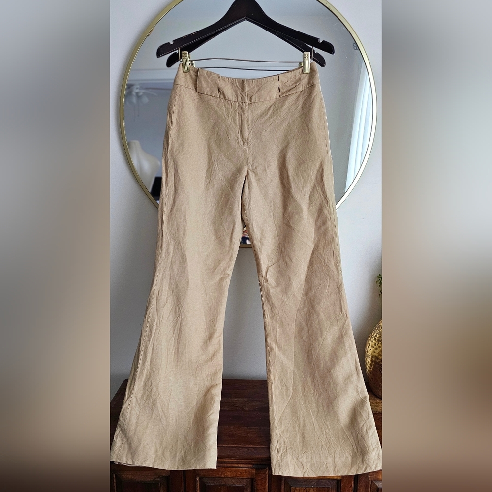 Larry Levine Khaki Tan Linen-Blend Wide Leg Trousers – Lined – Size 4, Rare Find